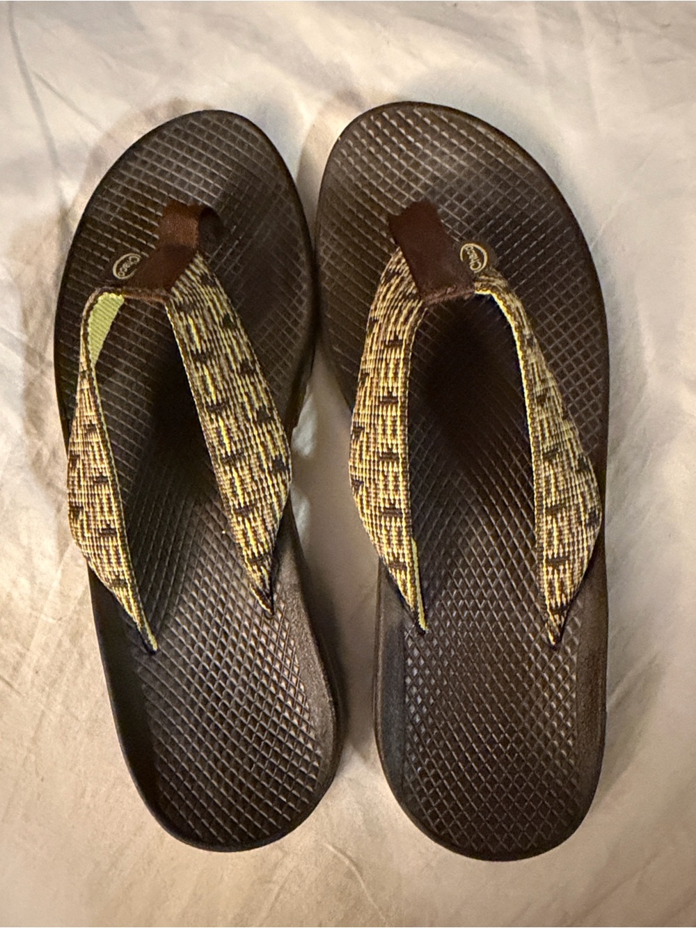 Chaco Brown and Yellow Patterned Flip Flops